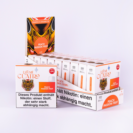 La Fume Cuatro Peach Passion Fruit Nikotin Einweg E-Zigarette Vape Aroma 600 Züge 10er Pack